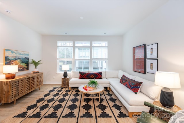 living room with light hardwood / wood-style floors