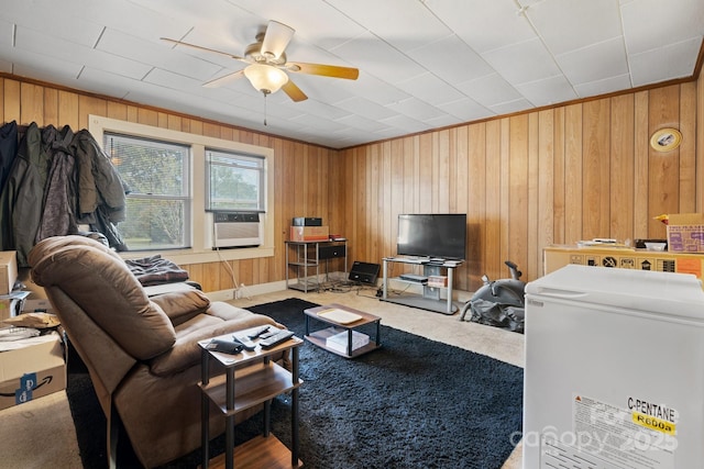 720A-C Harris Ave NW, Valdese, NC 28690 - carpeted living area with cooling unit, wood walls, and ceiling fan