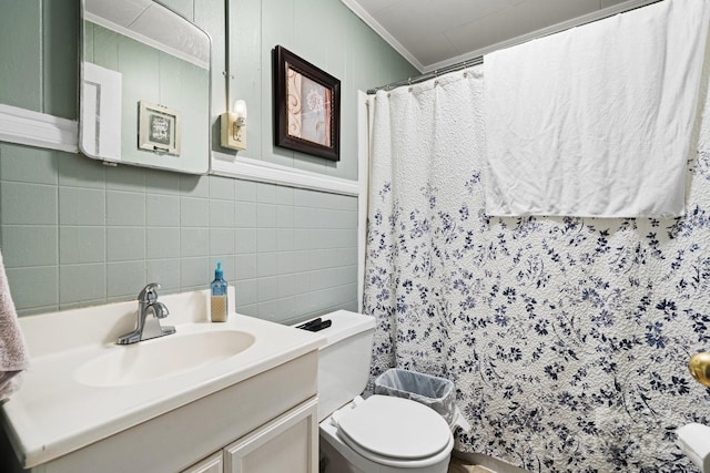 720A-C Harris Ave NW, Valdese, NC 28690 - bathroom with vanity, tile walls, toilet, ornamental molding, and a shower with shower curtain