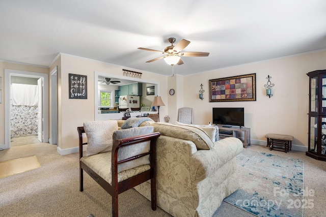 720A-C Harris Ave NW, Valdese, NC 28690 - living room featuring baseboards, crown molding, a ceiling fan, and light carpet