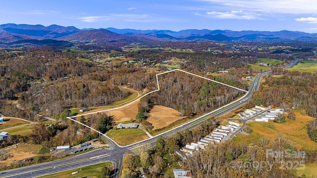 drone / aerial view featuring a mountain view