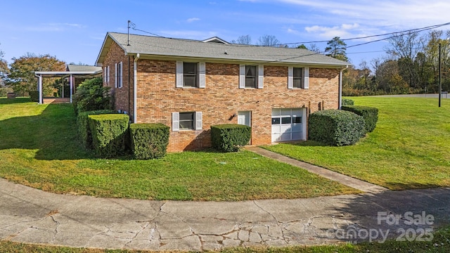 view of side of home featuring a garage and a yard