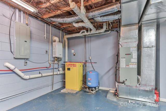 utility room featuring electric panel, heating unit, and tankless water heater