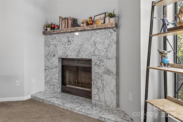 details featuring carpet floors and a premium fireplace