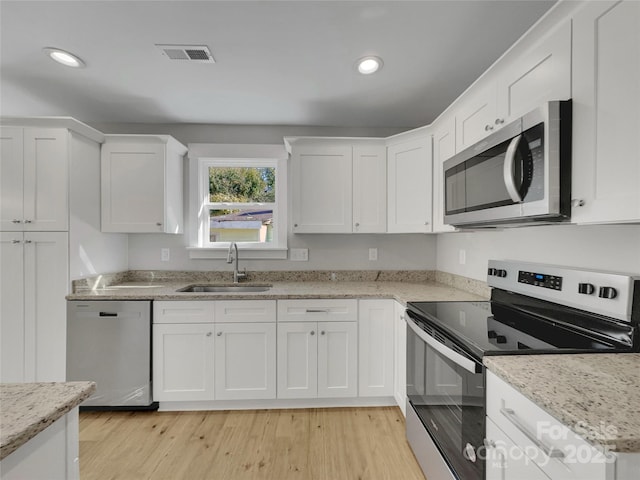 kitchen featuring light stone countertops, white cabinetry, sink, and appliances with stainless steel finishes