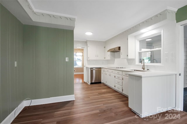 kitchen with wood-type flooring, sink, dishwasher, black electric cooktop, and white cabinets