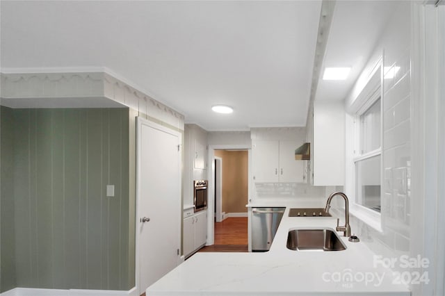 kitchen with stainless steel appliances, range hood, sink, white cabinetry, and light hardwood / wood-style floors