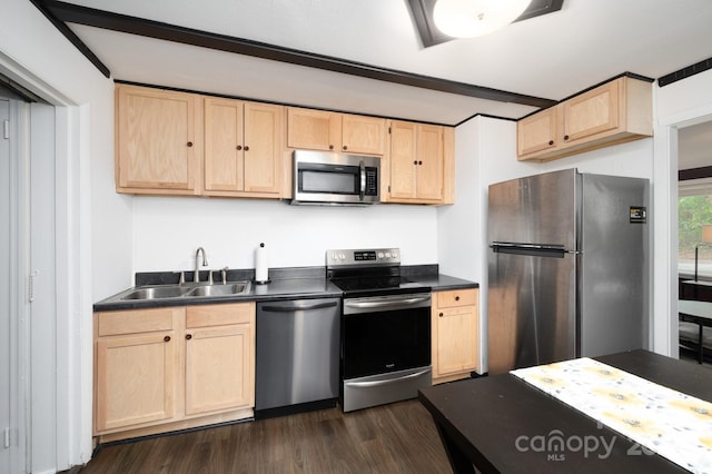 kitchen with sink, stainless steel appliances, light brown cabinetry, and dark hardwood / wood-style flooring