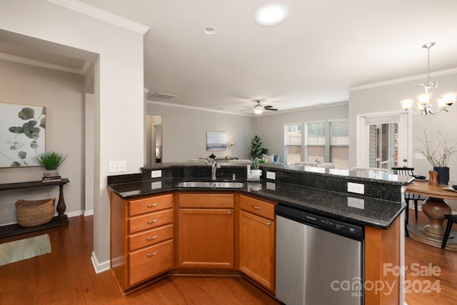 kitchen featuring dark hardwood / wood-style flooring, dishwasher, dark stone counters, and sink