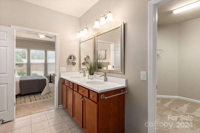 bathroom with vanity, tile patterned floors, and ceiling fan