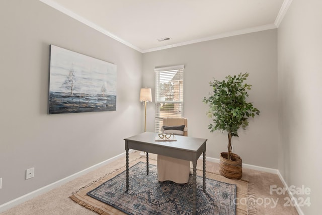 carpeted office space featuring ornamental molding