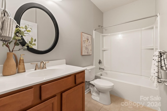 full bathroom with shower / tub combination, tile patterned flooring, vanity, and toilet