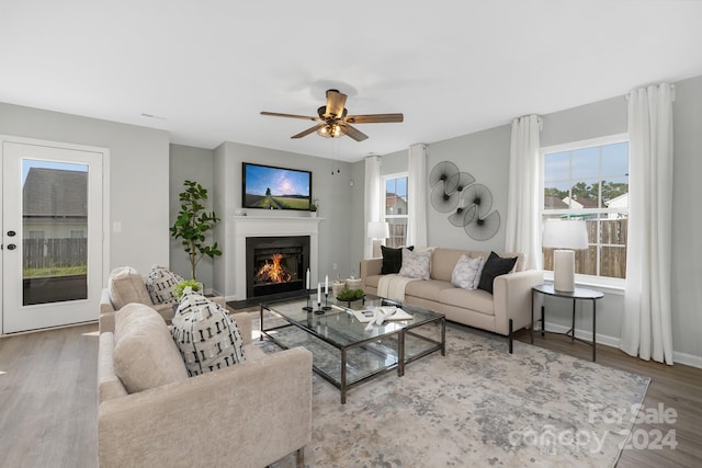 living room with hardwood / wood-style floors and ceiling fan