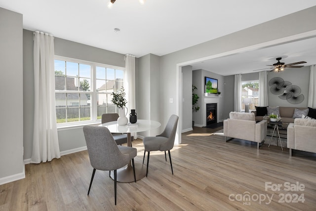 dining room featuring light wood-type flooring and ceiling fan