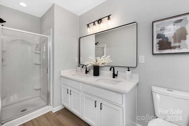 bathroom featuring vanity, wood-type flooring, toilet, and walk in shower