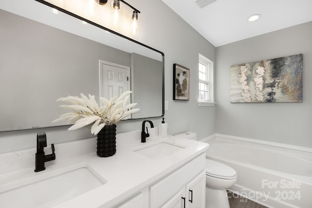 bathroom with toilet, vanity, and a washtub