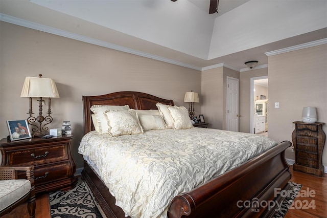 bedroom featuring crown molding, ceiling fan, a closet, and dark hardwood / wood-style flooring