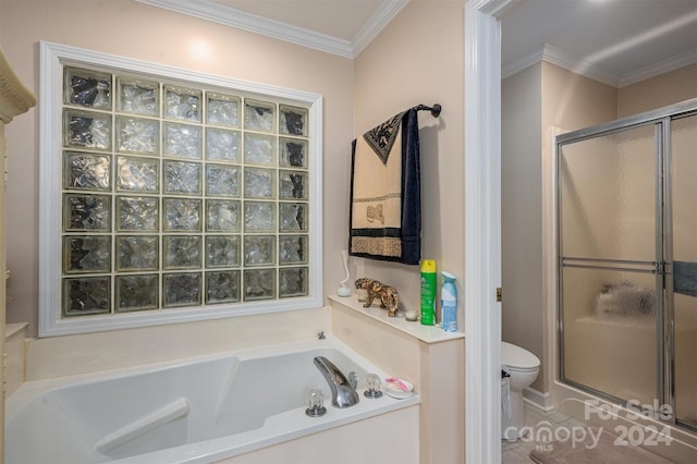 bathroom with toilet, crown molding, and plus walk in shower