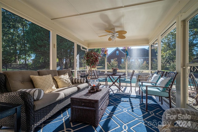 view of patio / terrace featuring a fenced in pool, an outdoor living space, and ceiling fan