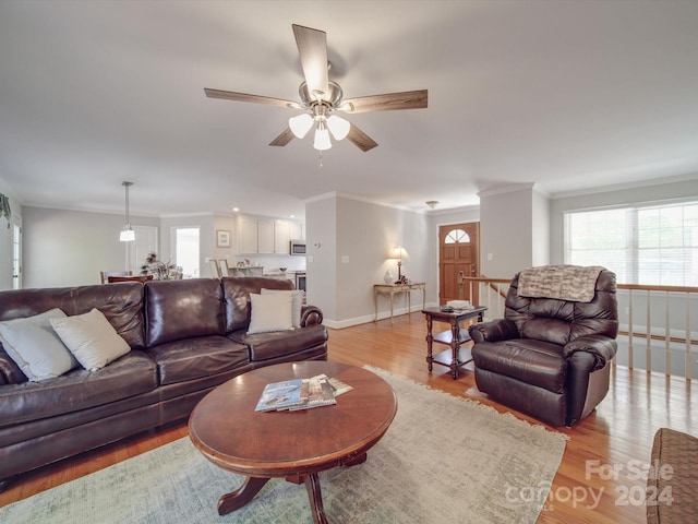 living room with light hardwood / wood-style floors, crown molding, and ceiling fan