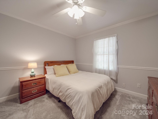 bedroom with ornamental molding, light carpet, and ceiling fan