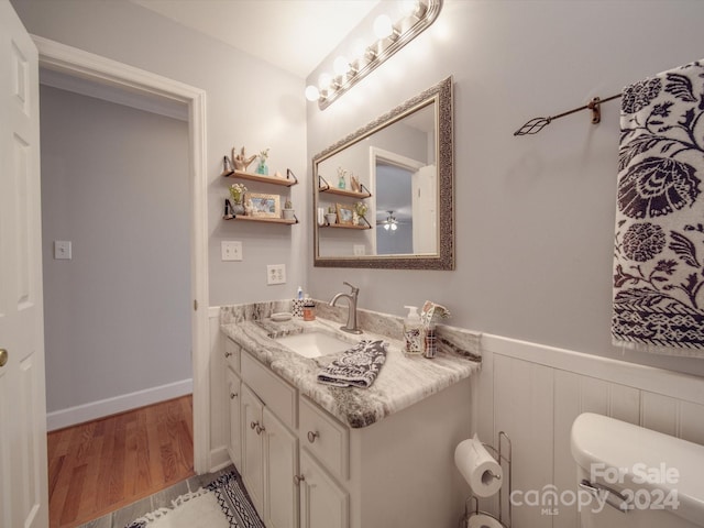 bathroom featuring vanity, hardwood / wood-style floors, and toilet