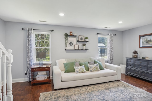 living room with plenty of natural light and dark hardwood / wood-style floors