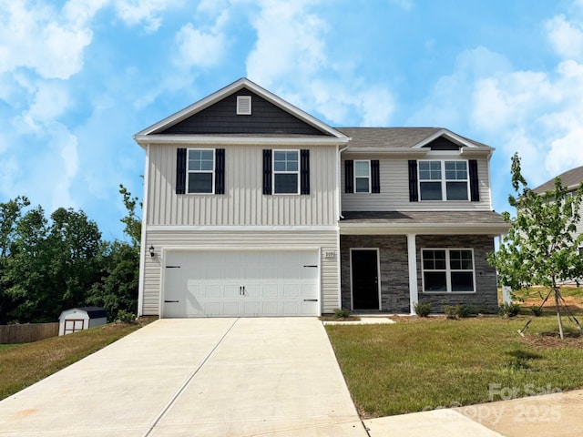 209 Lake George Dr, Shelby, NC 28152 - craftsman-style home featuring stone siding, a garage, a storage shed, a front yard, and concrete driveway