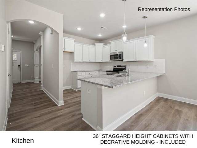 209 Lake George Dr, Shelby, NC 28152 - kitchen with a peninsula, wood finished floors, arched walkways, a sink, and appliances with stainless steel finishes