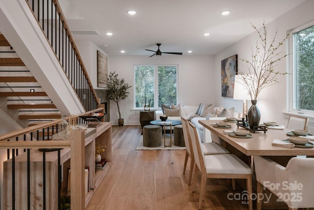 dining room featuring light hardwood / wood-style flooring and ceiling fan