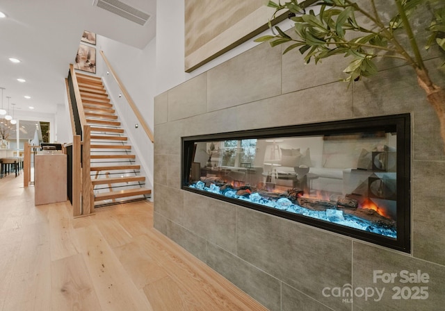 room details with a fireplace and wood-type flooring