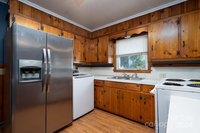 kitchen with washer / clothes dryer, light wood-type flooring, white range with electric cooktop, crown molding, and stainless steel refrigerator with ice dispenser