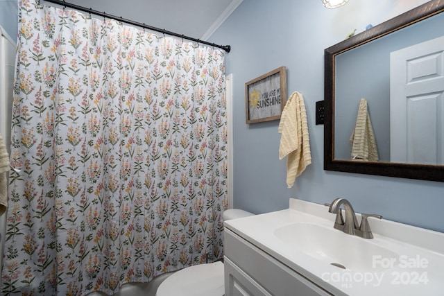 bathroom featuring vanity, toilet, ornamental molding, and walk in shower