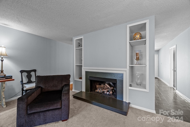 living area featuring a textured ceiling and carpet floors