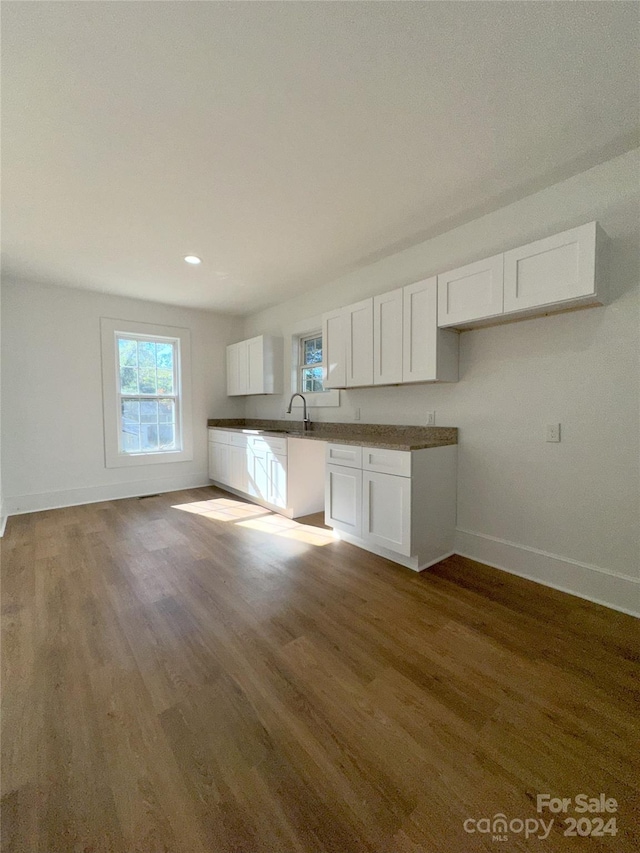 kitchen featuring dark wood-type flooring, sink, and white cabinets