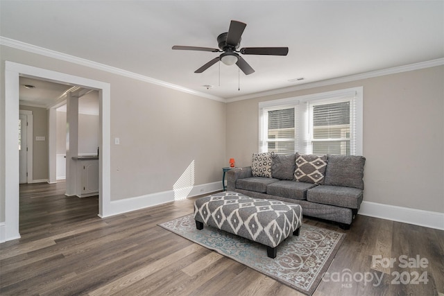 living room with ceiling fan, hardwood / wood-style flooring, and ornamental molding