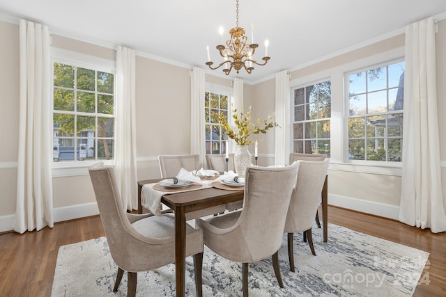 dining space with wood-type flooring, a healthy amount of sunlight, and ornamental molding