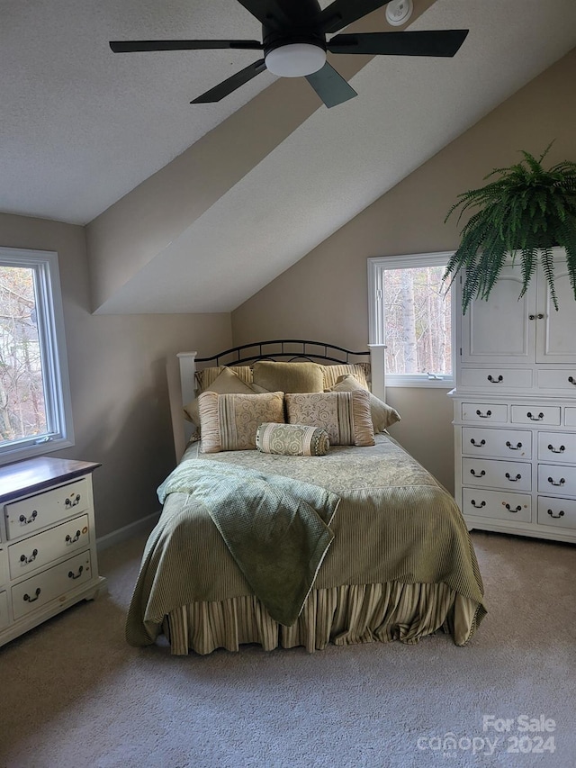 bedroom with multiple windows, ceiling fan, carpet floors, and a textured ceiling