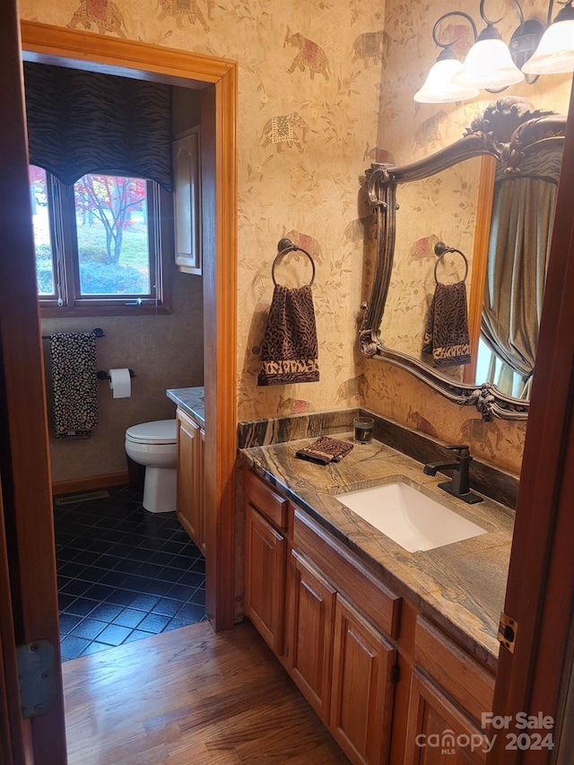 bathroom with hardwood / wood-style floors, vanity, and toilet