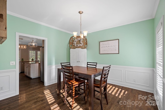 dining space featuring a chandelier, ornamental molding, dark wood-type flooring, and sink