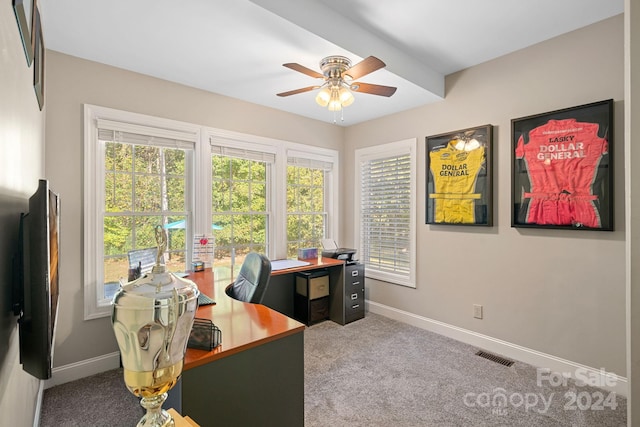 office area featuring ceiling fan, carpet, and a healthy amount of sunlight