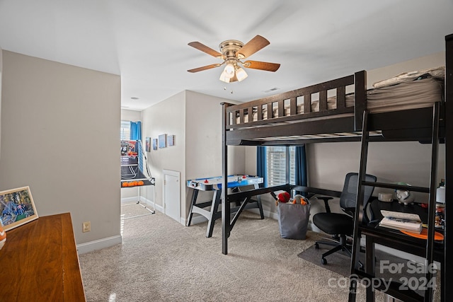 bedroom featuring carpet flooring and ceiling fan