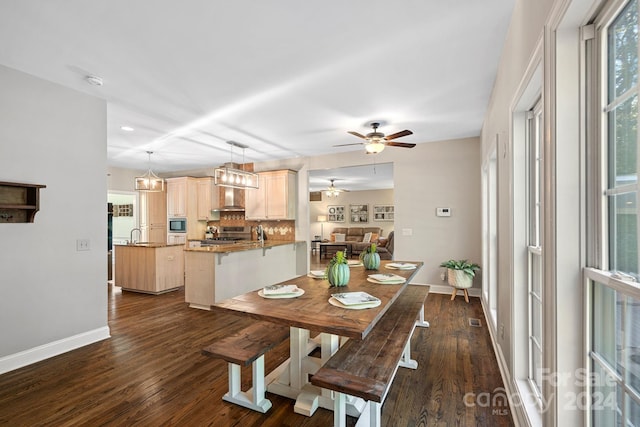 dining area featuring ceiling fan and dark wood-type flooring