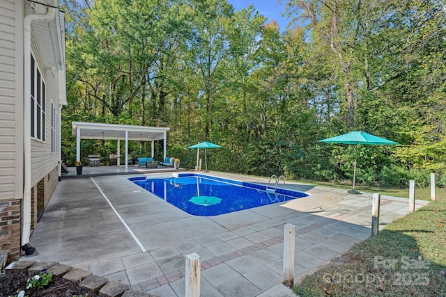 view of swimming pool with an outdoor living space and a patio area