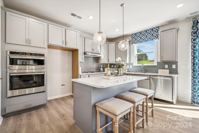 kitchen with a kitchen island, hanging light fixtures, backsplash, appliances with stainless steel finishes, and light hardwood / wood-style floors