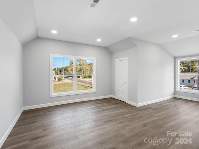 additional living space with lofted ceiling, a wealth of natural light, and dark hardwood / wood-style flooring