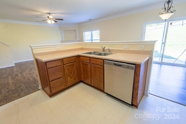 kitchen with ornamental molding, decorative light fixtures, sink, stainless steel dishwasher, and light hardwood / wood-style flooring