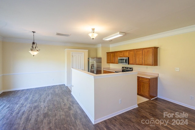 kitchen with dark hardwood / wood-style flooring, decorative light fixtures, ornamental molding, and stainless steel appliances