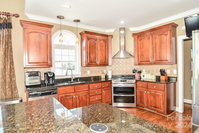 kitchen with wood-type flooring, sink, pendant lighting, wall chimney exhaust hood, and stainless steel appliances