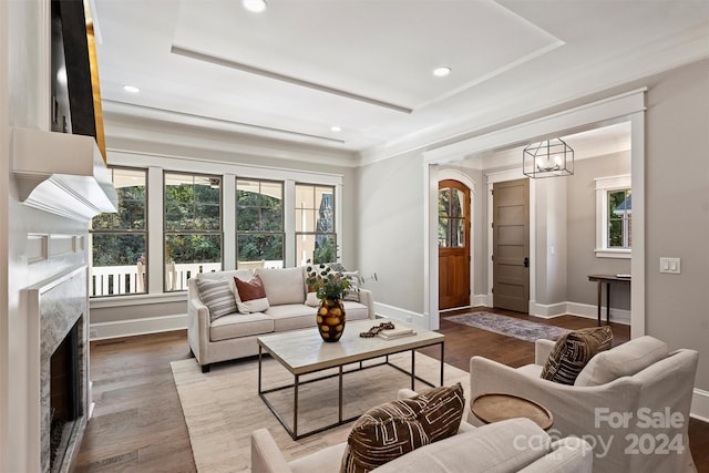 living room with crown molding, a chandelier, light hardwood / wood-style floors, a tray ceiling, and a fireplace